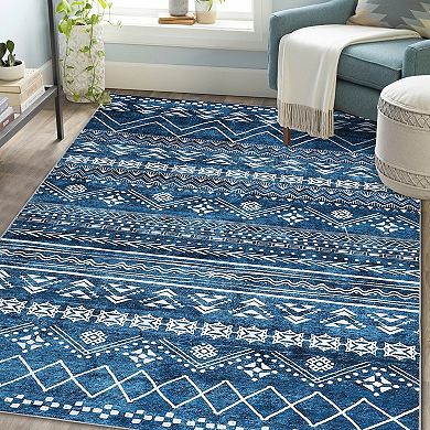 Ultra-Thin Washable North African Area Rug, Boho Geometric Carpet - Super Soft, Non-Slip TPE Backing