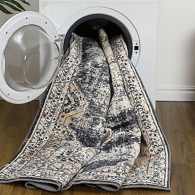 Machine Washable Non-Slip Area Rug Vintage Medallion Carpet Low Pile, Soft Throw Rug