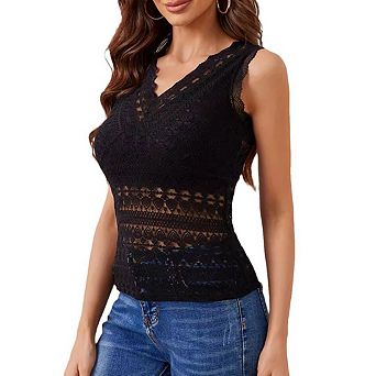 Women's Sleeveless Sheer Lace Tank Top V Neck Scalloped Edge Slim Fit Casual Layering Cami Top