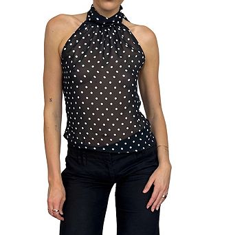 Women's Sheer Polka Dot Halter Neck Top Sleeveless Tie Back Slim Fit Casual Summer Blouse