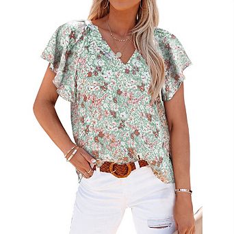 Women's Floral Print V Neck Blouse Casual Ruffle Short Sleeve Loose Fit Summer Tunic Top