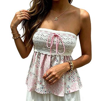 Women's Crochet Knit Strapless Top Floral Print Peplum Front Tie Summer Casual Blouse