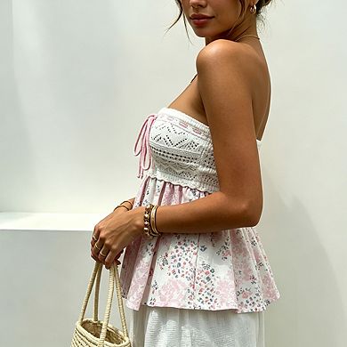 Women's Crochet Knit Strapless Top Floral Print Peplum Front Tie Summer Casual Blouse