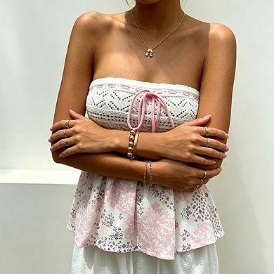 Women's Crochet Knit Strapless Top Floral Print Peplum Front Tie Summer Casual Blouse
