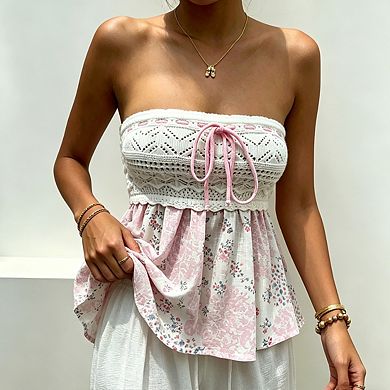 Women's Crochet Knit Strapless Top Floral Print Peplum Front Tie Summer Casual Blouse