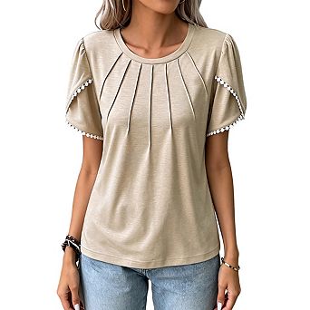 Women's Round Neck Front Pleated Short Sleeve Top Trim Puff Sleeve Casual Loose Fit Blouse