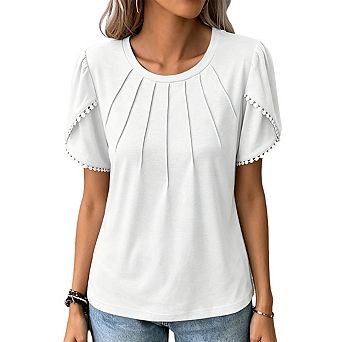 Women's Round Neck Front Pleated Short Sleeve Top Trim Puff Sleeve Casual Loose Fit Blouse
