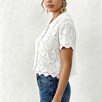 Women's Collared Short Sleeve Cropped Knit Top Hollow Out Eyelet Button Down Casual Summer Blouse