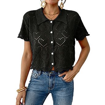 Women's Collared Short Sleeve Cropped Knit Top Hollow Out Eyelet Button Down Casual Summer Blouse