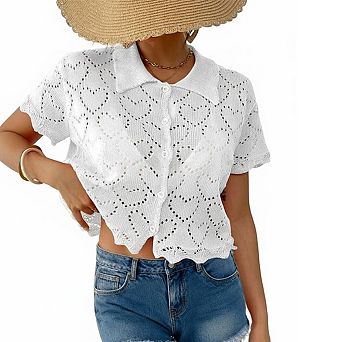 Women's Collared Short Sleeve Cropped Knit Top Hollow Out Eyelet Button Down Casual Summer Blouse