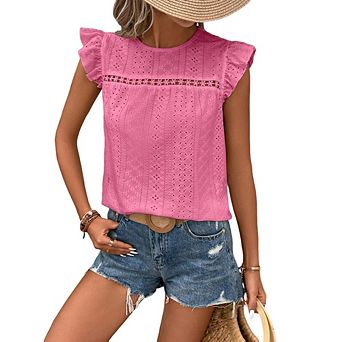 Women's Eyelet Embroidery Ruffle Cap Sleeve Blouse Crew Neck Hollow Out Lace Trim Casual Summer Top