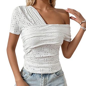 Women's Asymmetrical One Shoulder Top Short Sleeve Eyelet Embroidery Ruched Slim Fit Cropped Blouse