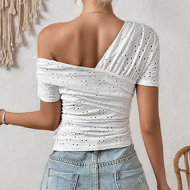 Women's Asymmetrical One Shoulder Top Short Sleeve Eyelet Embroidery Ruched Slim Fit Cropped Blouse