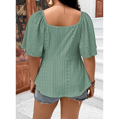 Plus Size Eyelet Embroidery V-Neck Short Flutter Sleeve Blouse Ruched Tie Front Peplum Tunic Top
