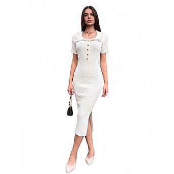 Women Elegant Dress Short Sleeve Ruffle Neck Bodycon Knit Dress