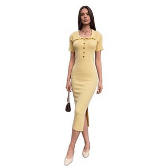 Women Elegant Dress Short Sleeve Ruffle Neck Bodycon Knit Dress