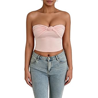 Women's Front Twist Knot Strapless Tube Top Back Ruched Slim Fit Cropped Bandeau Cami Top