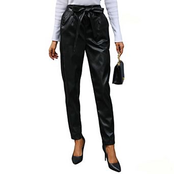 Women's Faux Leather Paper Bag Pants, High Waist Belted Tapered Trousers with Pockets