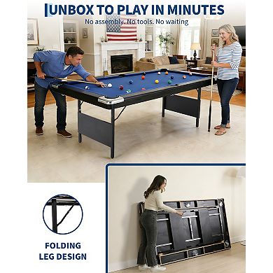 7FT Foldable Billiard Pool Table, Multipurpose Portable Game Table Full Kit for Family Game Room Use