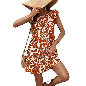 Women's Summer Beach Boho Ruffle Trim Dresses Sleeveless Swing Flowy Vocation Tiered Sun Dress