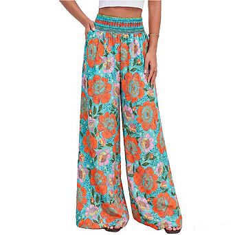Women's Floral Print Wide Leg Pants High Waisted Smocked Waist Flowy Palazzo Trousers with Pockets