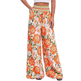Women's Floral Print Wide Leg Pants High Waisted Smocked Waist Flowy Palazzo Trousers with Pockets
