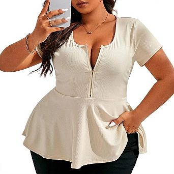 Womens Plus Size Summer U Neck Tops Short Sleeve Shirts Slim Fit Zip Up Blouses