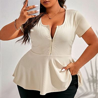 Womens Plus Size Summer U Neck Tops Short Sleeve Shirts Slim Fit Zip Up Blouses