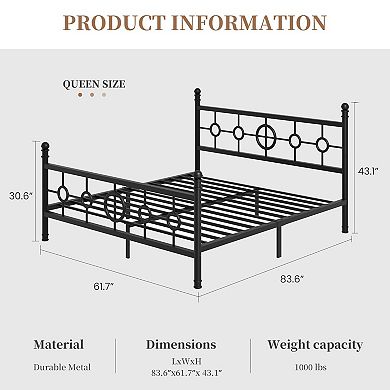 Metal Bed Frame with Vintage Circular Headboard & Footboard, Iron Platform Bed, Noise Free