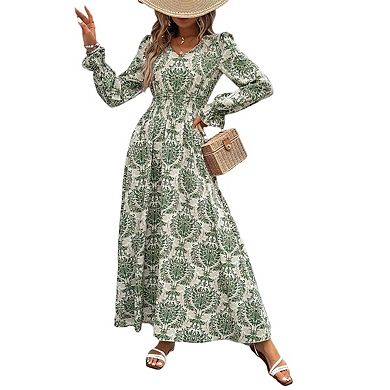 Womens Long Sleeve Maxi Casual Square Neck Smocked Flowy Fall Wedding Guest Dresses