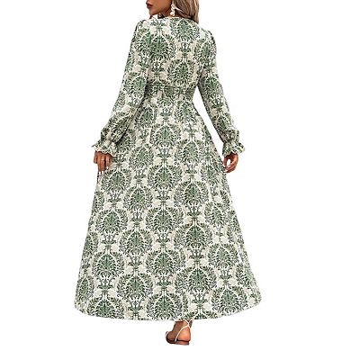 Womens Long Sleeve Maxi Casual Square Neck Smocked Flowy Fall Wedding Guest Dresses