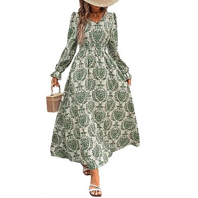 Womens Long Sleeve Maxi Casual Square Neck Smocked Flowy Fall Wedding Guest Dresses