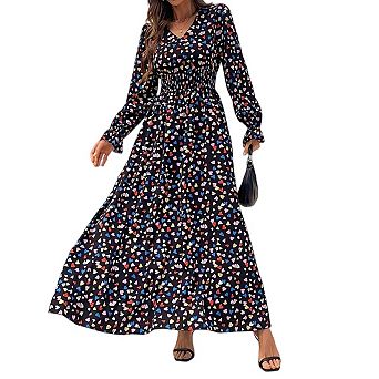 Womens Long Sleeve Maxi Casual Square Neck Smocked Flowy Fall Wedding Guest Dresses