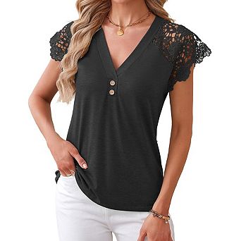 Women's V Neck Henley T‑Shirt Crochet Lace Cap Flutter Sleeve Casual Loose Fit Short Sleeve Blouse