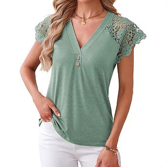 Women's V Neck Henley T‑Shirt Crochet Lace Cap Flutter Sleeve Casual Loose Fit Short Sleeve Blouse