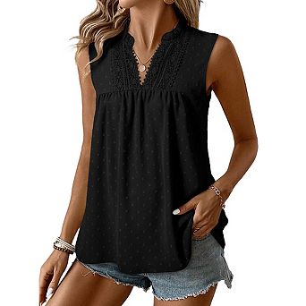 Women's Ruffle Collar V Neck Swiss Dot Sleeveless Top Lace Trim Loose Fit Casual Summer Blouse