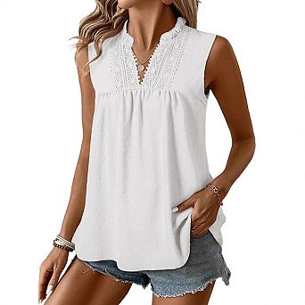 Women's Ruffle Collar V Neck Swiss Dot Sleeveless Top Lace Trim Loose Fit Casual Summer Blouse