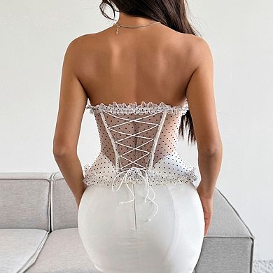 Women's Strapless Polka Dot Sheer Mesh Corset Top Ruffle Trim Lace‑Up Back Bustier Crop Top
