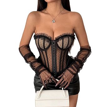 Women's Strapless Polka Dot Sheer Mesh Corset Top Ruffle Trim Lace‑Up Back Bustier Crop Top