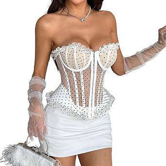 Women's Strapless Polka Dot Sheer Mesh Corset Top Ruffle Trim Lace‑Up Back Bustier Crop Top