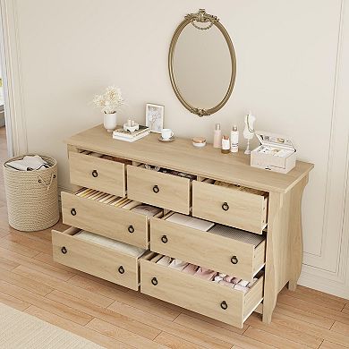 Spacious Storage Solution Wooden Dresser, Modern Wide Chest with 7 Drawers, Freestanding Organizer