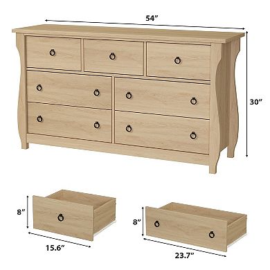 Spacious Storage Solution Wooden Dresser, Modern Wide Chest with 7 Drawers, Freestanding Organizer