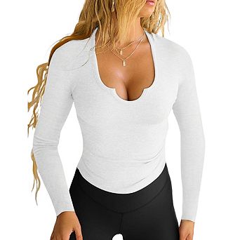 Women's Notched Deep V Neck Ribbed Knit Long Sleeve Bodysuit Slim Fit Basic Casual Layering Top