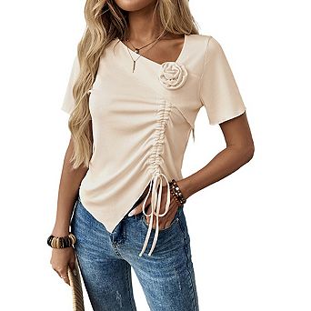 Women's Asymmetrical V Neck 3D Flower Decor Short Sleeve Top Side Ruched Drawstring T‑Shirt