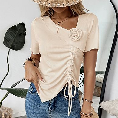 Women's Asymmetrical V Neck 3D Flower Decor Short Sleeve Top Side Ruched Drawstring T‑Shirt