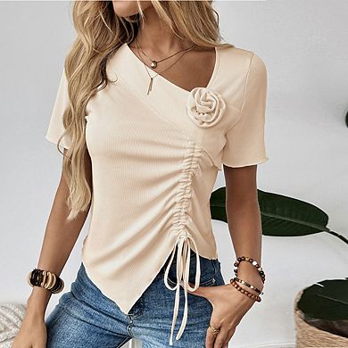 Women's Asymmetrical V Neck 3D Flower Decor Short Sleeve Top Side Ruched Drawstring T‑Shirt