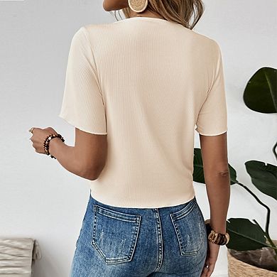 Women's Asymmetrical V Neck 3D Flower Decor Short Sleeve Top Side Ruched Drawstring T‑Shirt