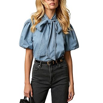 Women's Tie Bow Neck Puff Short Sleeve Denim Shirt Button Down Casual Loose Fit Western Blouse Top