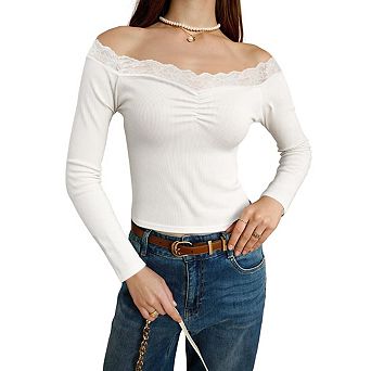 Women's Off Shoulder Lace Trim Long Sleeve Top Front Ruched Ribbed Knit Slim Fit Cropped Blouse