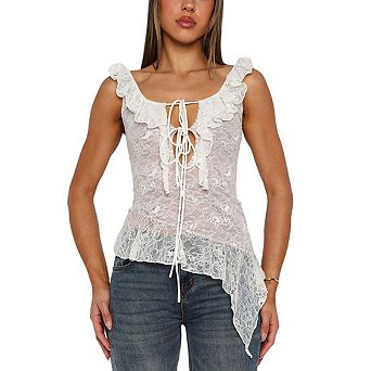 Women's Floral Lace Ruffle Trim Cami Top Tie‑Front Ruched Slim Fit Asymmetric Hem Sleeveless Blouse